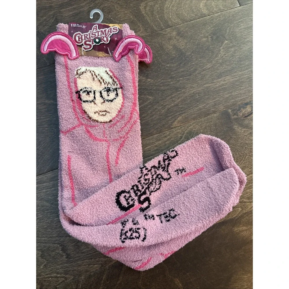 NWT A Christmas Story Fuzzy Ralphie Pink Nightmare  Crew Socks Bunny Ears 6-12